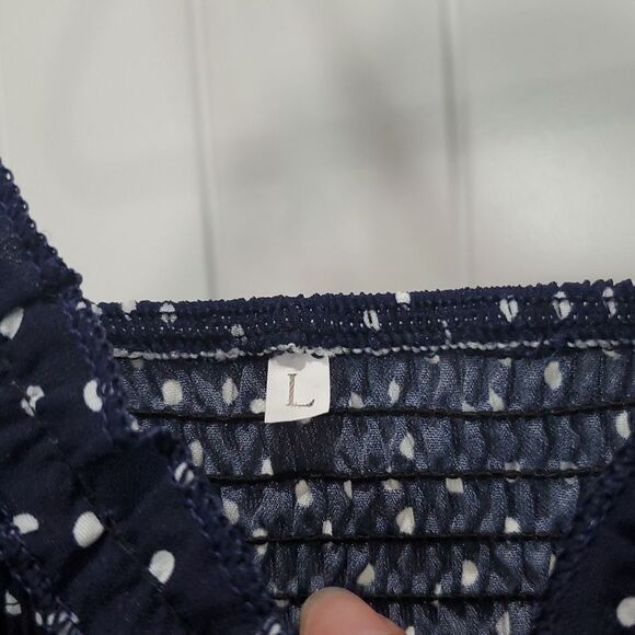 Navy spaghetti strap dress with white polka dots, Searsucker Gathered,size Lg. - Picture 4 of 8